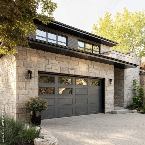 Modern Stone House Exterior With Garage Door and Landscaped Garden During Day...