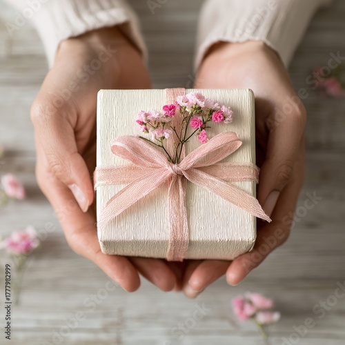 Delicate Gift Wrapped in Soft Pink Ribbon Held Between Two Hands With Flowers...