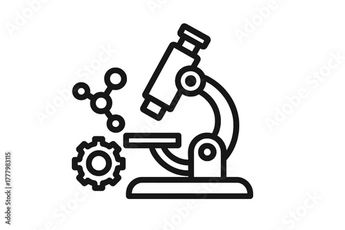 Minimal black science icon showing a microscope and molecule, symbolizing study, discovery, and scientific development for modern design use.