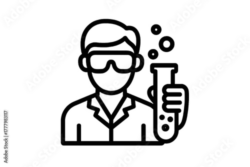 Black vector icon of a scientist with goggles holding a test tube, symbolizing laboratory research, innovation, and modern science.