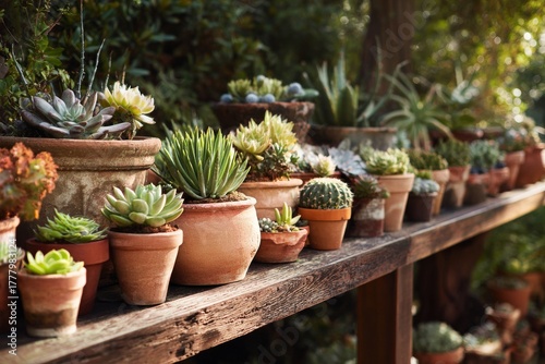 Succulent Plants Arranged Neatly on Wooden Shelf in Serene Garden Setting at ...
