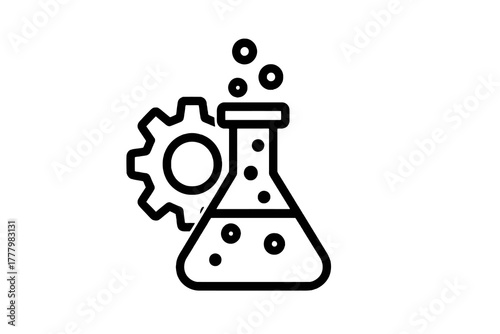Black vector science icon of a bubbling flask with gear, representing laboratory experiments and innovation, ideal for research or education projects.