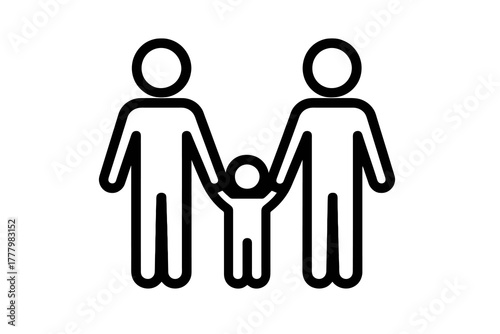 Black vector family icon showing two parents holding a child’s hands, symbolizing adoption, unity, and loving family connection.