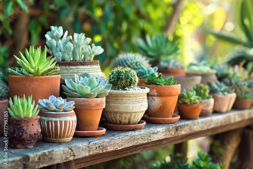 Variety of Succulents Arranged Beautifully on a Wooden Shelf in a Garden Setting