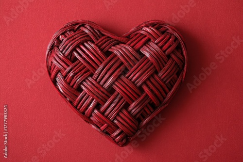 Heart-shaped Woven Basket on a Vibrant Red Background for Decoration or Gifting