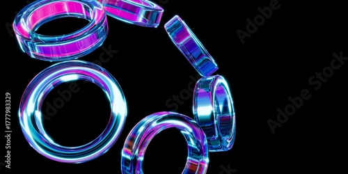 Abstract glass rings on black background, 3d render
