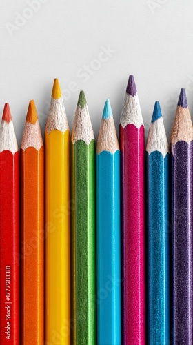 Colorful Pencils Arranged in a Neat Row on a Light Background for Creative Pr...