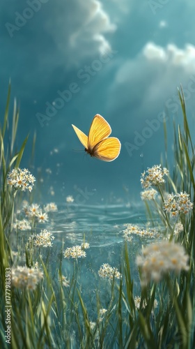 Butterfly Resting on White Flowers in a Serene Field Under a Blue Sky