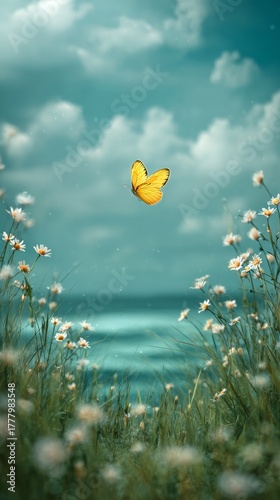 Butterfly Flying Above Daisies on a Sunny Day Under a Blue Sky
