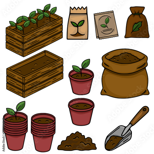 A charming vector illustration collection depicting gardening essentials, including wooden planters with seedlings, terracotta pots, bags of soil, seed packets, and a hand trowel, all rendered in a...