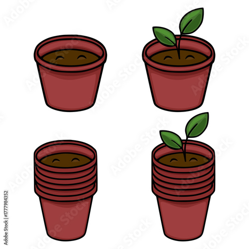 Adorable vector illustration set of terracotta pots, some empty and some with tiny green seedlings, depicting growth stages.