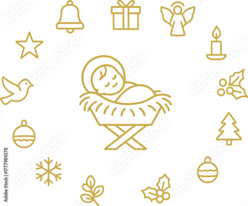 Minimalist Nativity Line Icons – Baby Jesus, Angel, Candle, Tree, and Christmas Symbols