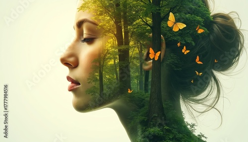 Illustration merges woman face, forest scenery. Trees grow inside woman head with butterflies flying. Nature is inside mind. It is about connection wellness. Artwork symbolizes internal peace harmony