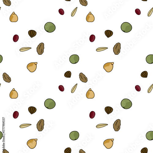 Seamless vector pattern of assorted dried grains and seeds, featuring peas, lentils, sunflower seeds, and oats, with a clean white background.