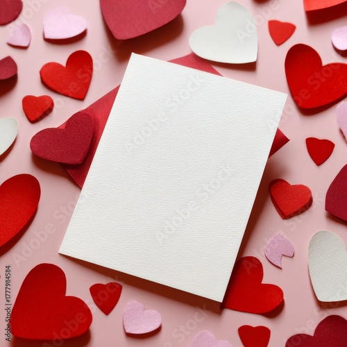 Colorful Heart Shapes and Blank Card on Pink Surface for Romantic Greeting