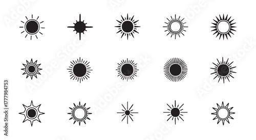 Collection of sun icons representing summer sunshine and weather forecasts