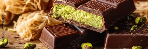 Dubai milk chocolate bar filled with kataifi dough and green pistachio paste