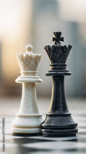 Chess Pieces in Close-Up View During Sunset With a City Skyline Background