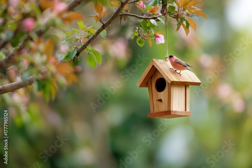 Colorful Bird Perched on a Wooden Birdhouse During a Sunny Day in a Vibrant G...