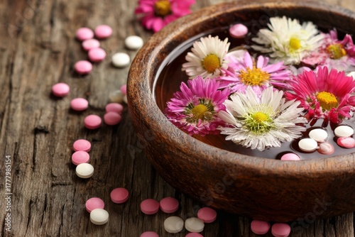 Flower Petals Floating in a Wooden Bowl Filled With Water Surrounded by Color...