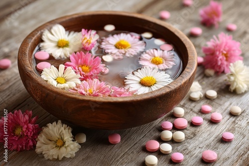 Flower Petals and Colorful Candies Float in a Wooden Bowl on a Rustic Table