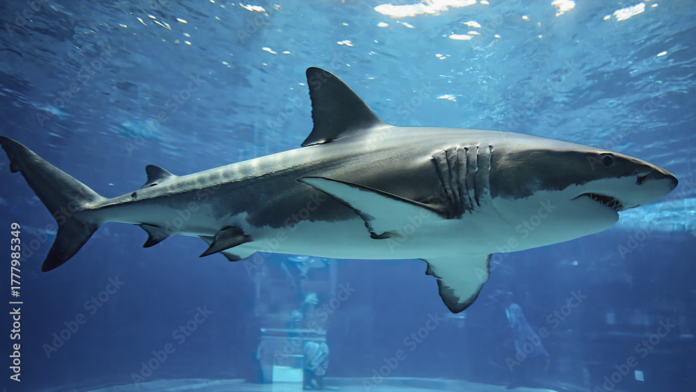 Fototapeta premium Great white shark underwater ocean marine life aquatic animal predator swimming blue water sea creature wildlife