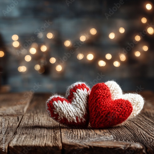 Knitted Hearts on Wooden Surface With Warm Bokeh Lights in Background for a C...