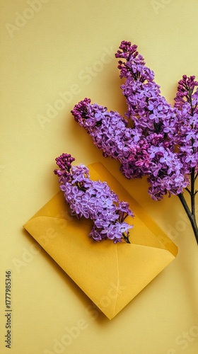 Vibrant Purple Flowers Arranged in a Yellow Envelope on a Bright Background