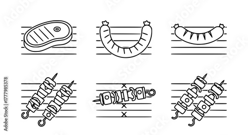 Set of vector icons with steak, sausage, and skewers on barbecue grill, simple monochrome style