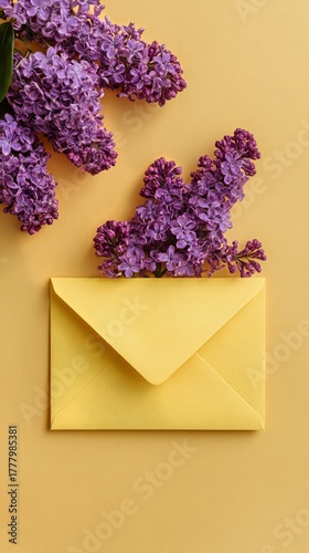 Beautiful Lilac Flowers Emerging From a Yellow Envelope on a Vibrant Background