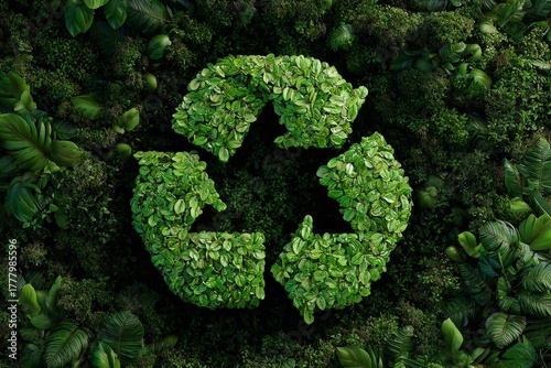 Leafy Recycling Symbol Among Lush Green Plants in a Vibrant Garden Setting