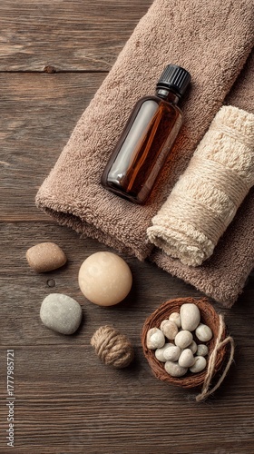Simple Spa Setup With Towels, Essential Oil, Soap, and Bath Salts on Wooden T...