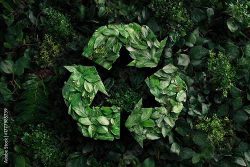 Green Recycling Symbol Surrounded by Lush Foliage in Natural Setting
