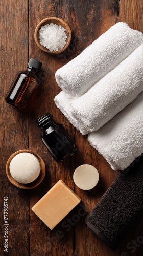 Relaxing Spa Setup With Essential Oils, Natural Soaps, and Towels on Wooden S...