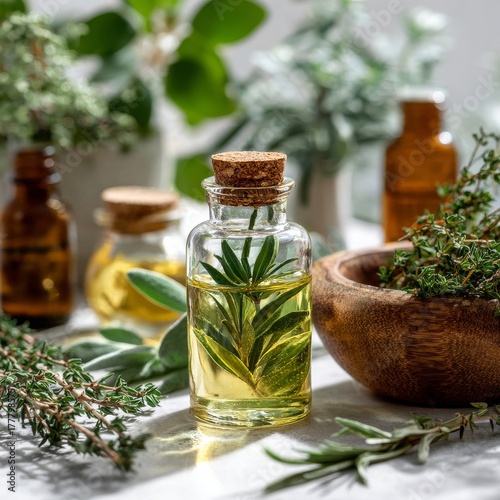 Natural Herbal Remedies With Essential Oils and Fresh Herbs in a Wooden Bowl