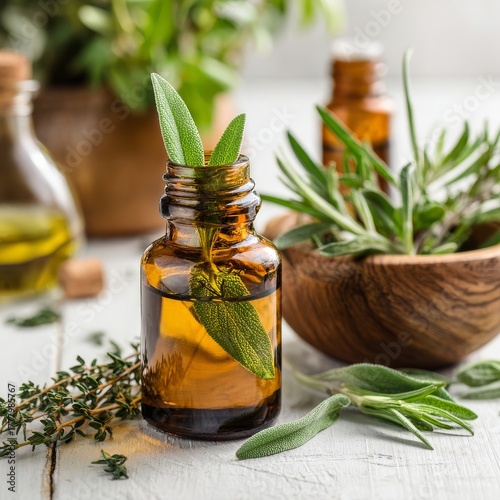 Fresh Herbs and Olive Oil in Amber Bottle on Wooden Table by Green Plants in ...