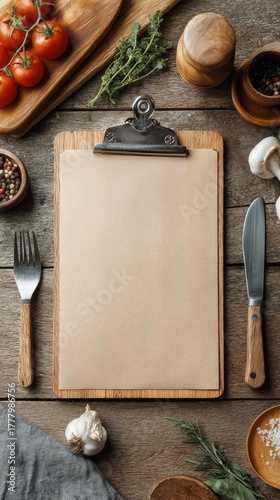 Fresh Ingredients and a Blank Menu Ready for a Culinary Adventure in a Cozy K...