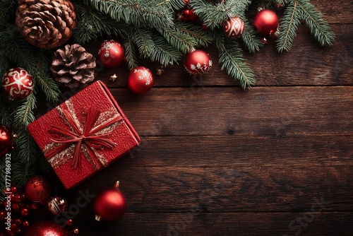 Festive Red Gift With Ornaments and Pine Branches on Wooden Surface During Wi...