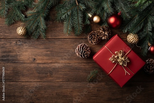 Festive Holiday Decoration With Red Gift Box and Ornaments on Wooden Table in...