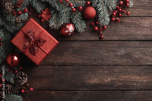 Festive Holiday Decoration With Red Gift Box and Ornaments on Wooden Table in...