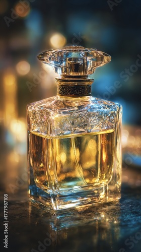 Elegant Glass Perfume Bottle Reflecting Warm Light in a Soft Background