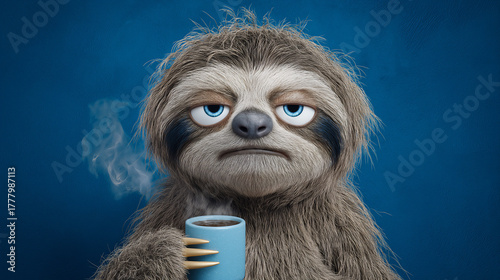Illustration of sleepy and ragged Sloth animal holding cup of steaming coffee, isolated on blue background