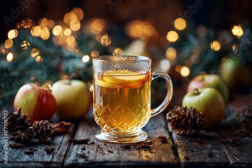 Warm Apple Cider in a Glass Mug With Apples and Pinecones on a Rustic Wooden ...