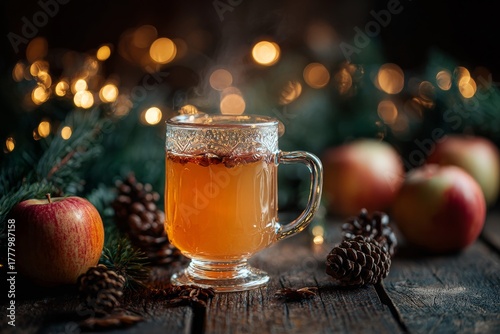 Warm Spiced Apple Drink in a Cozy Setting With Festive Lights and Fresh Apples