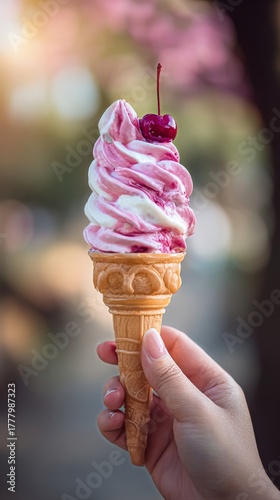 Delicious Pink Ice Cream Cone Enjoyed at a Bustling Outdoor Cafe During a Sun...
