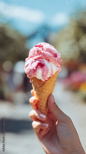 Delicious Ice Cream Cone With Strawberry and Vanilla Swirl on a Sunny Day in ...