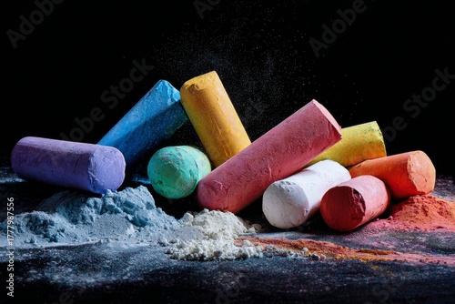 Colorful Chalk Sticks Arranged on a Black Surface With Vibrant Powder Around ...