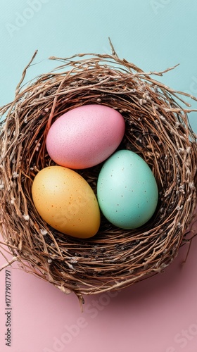 Colorful Eggs in a Woven Nest on a Pastel Background for Spring Celebration