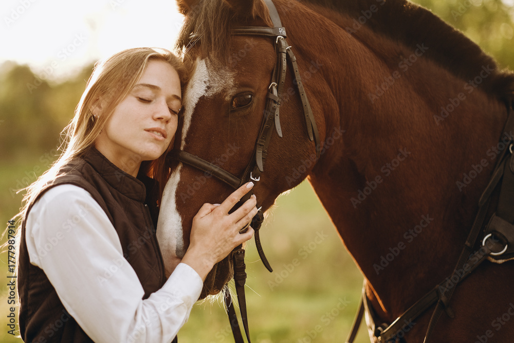Obraz premium Young beautiful female jockey strokes and hugs the horse's head and prepares for the competition. Jumping training in the meadow in summer evening.