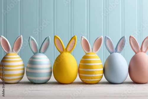 Colorful Easter Eggs With Bunny Ears Arranged on a Table Against a Soft Blue ...